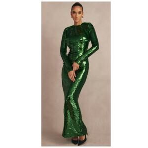 HOUSE OF CB Belle Sequin Long Sleeve Open Back Maxi Dress Size Medium